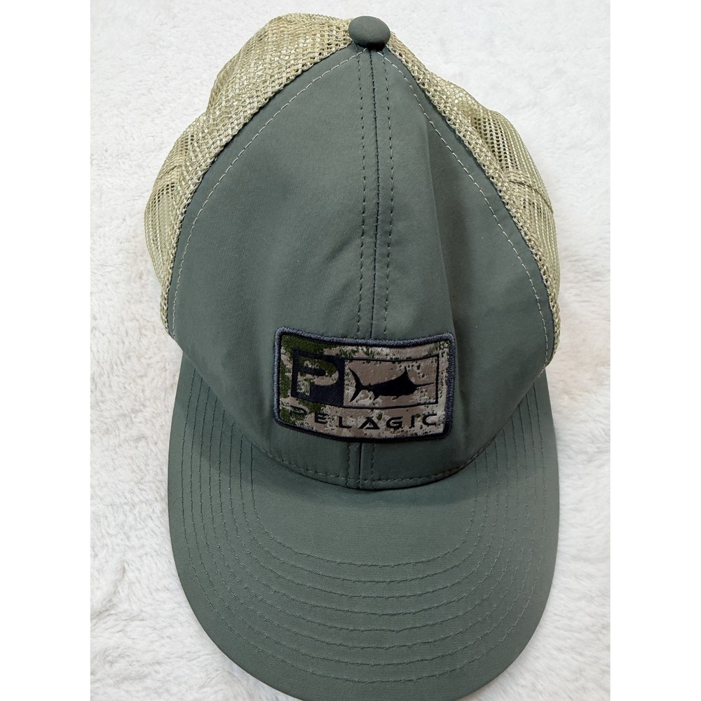 Pelagic Olive Green Tan Mesh Trucker Hat Snapback Fishing Logo Cap OSFM